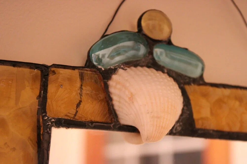 Mary Ann Molinaro Stained Glass Mirror Shell Detail Vintage Amber Yellow Art